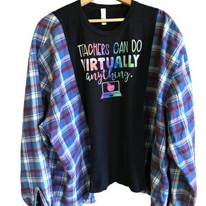 Upcycled Flannel Shirt, Reworked Oversized Pullover Shirt Teacher Graphic L-2XL